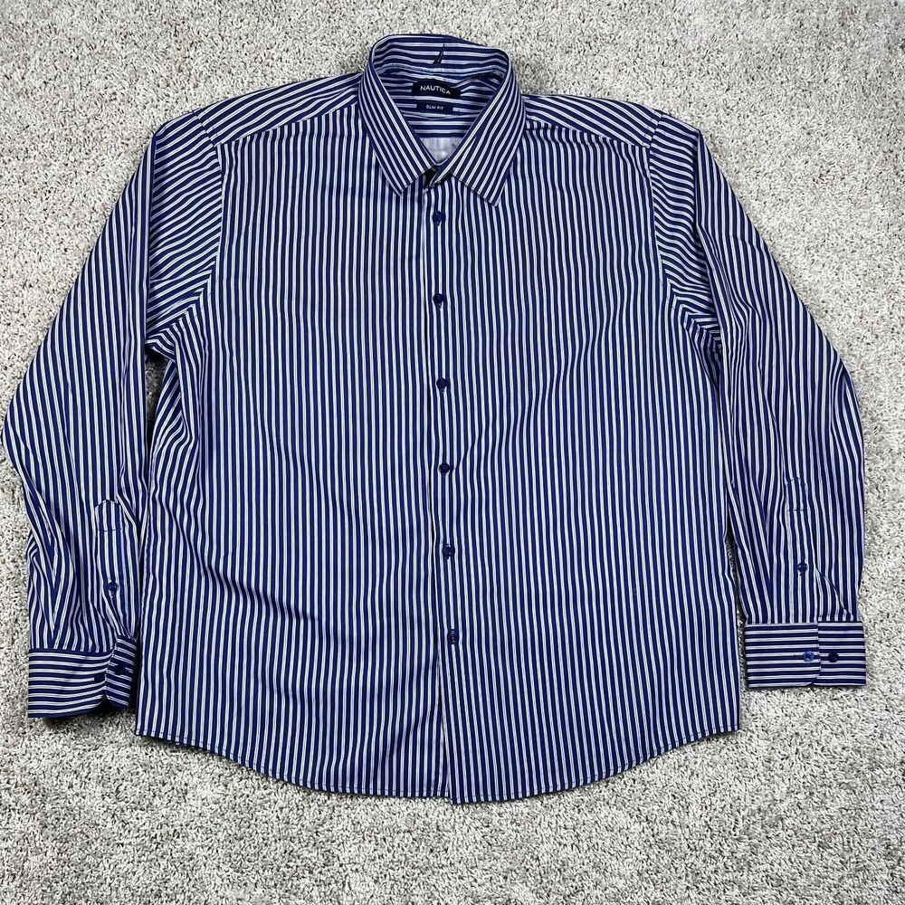 Nautica Dress Shirt Mens XL Tall Blue Burgundy Stripe Wrinkle Resistant Cotton
